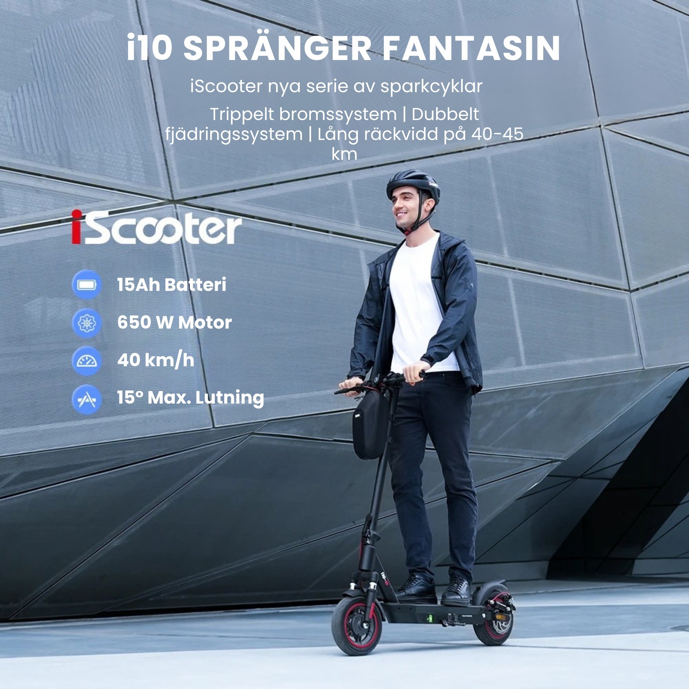 iScooter i10 elscooter – 40 km/h - 45 km räckvidd - 650W Motor