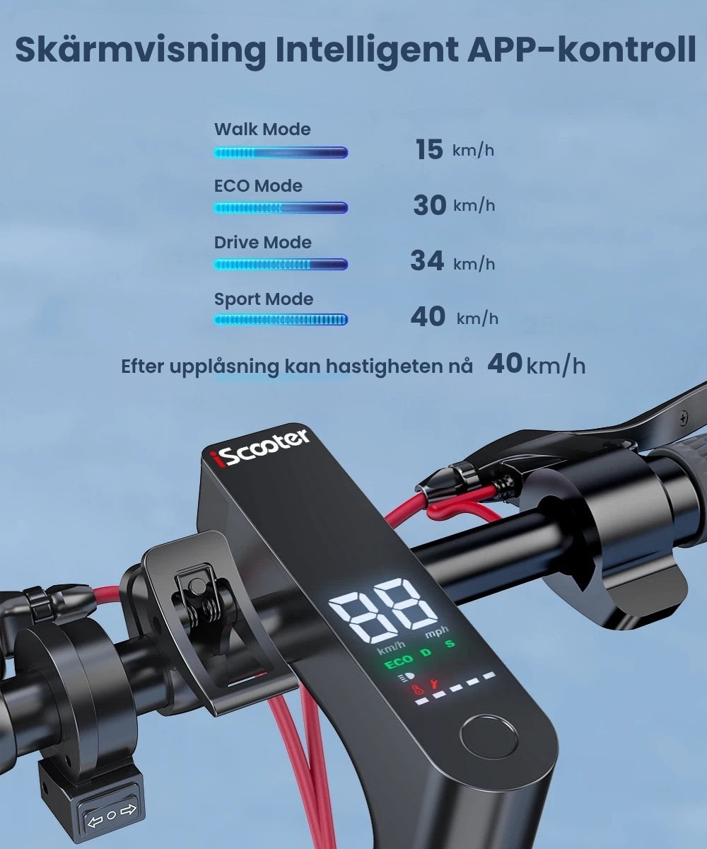 iScooter i10 elscooter – 40 km/h - 45 km räckvidd - 650W Motor