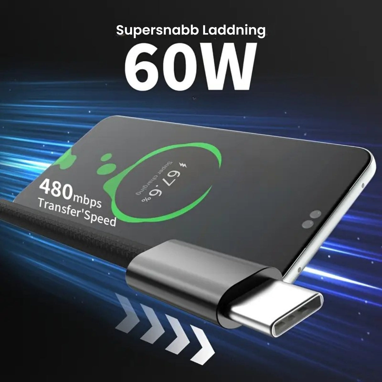 USB-C till USB-C Kabel 60W Snabbladdning 1m – Svart Flätad