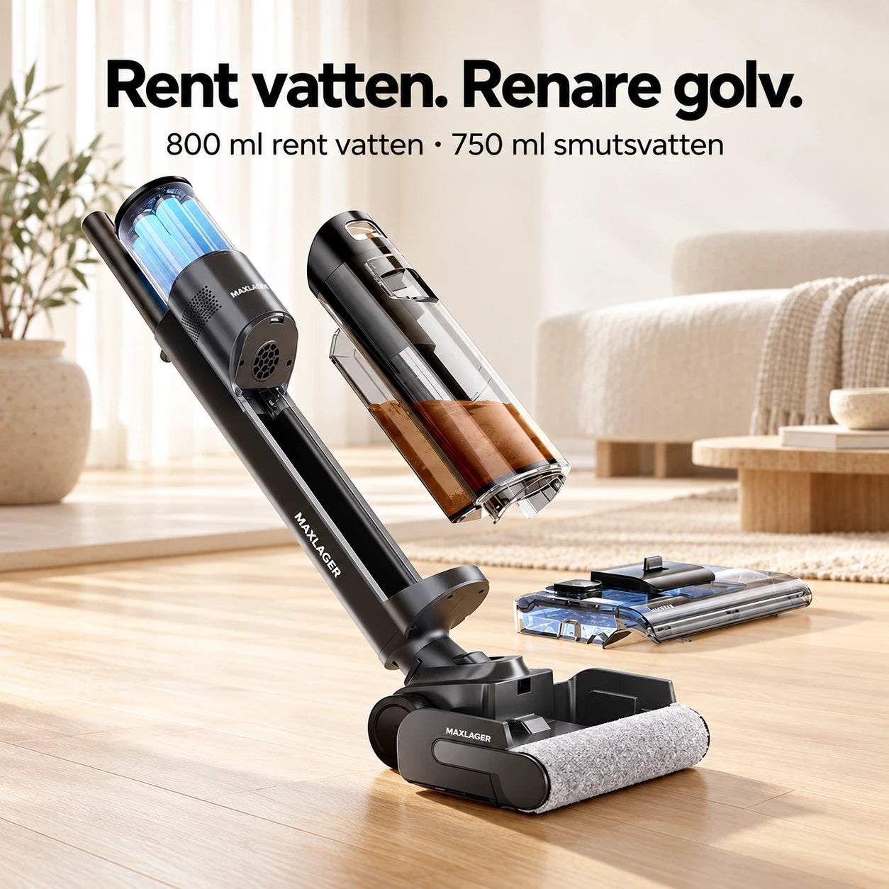 Maxlager S7 Pro – Sladdlös Moppdammsugare - Självrengöring & Upp till 50 min Batteritid