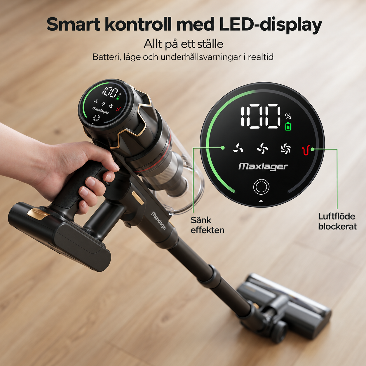 Maxlager V30 Pro – Sladdlös Dammsugare 800W, 75 kPa & Upp till 95 min Batteritid