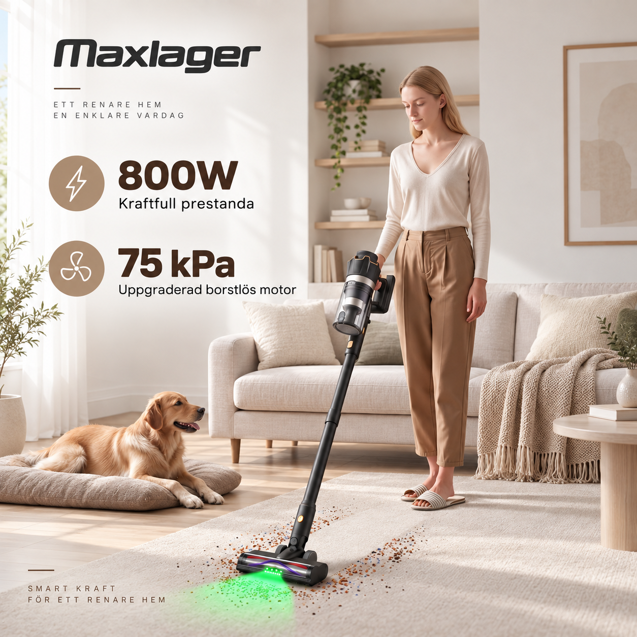 Maxlager V30 Pro – Sladdlös Dammsugare 800W, 75 kPa & Upp till 95 min Batteritid